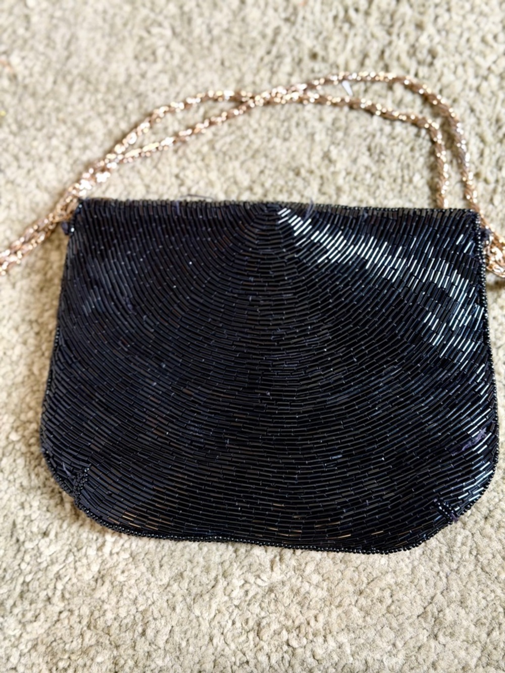 Vintage Black Beaded Evening Bag • Gold Chain Strap • Art Deco Style - Picture 5 of 6